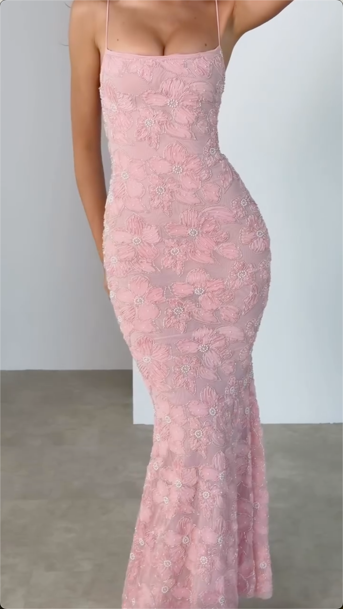 Square Neck Thin Strap 3D Floral Beaded Mermaid Dress, Mini & Maxi Length, Multi-Color Evening Party Gown