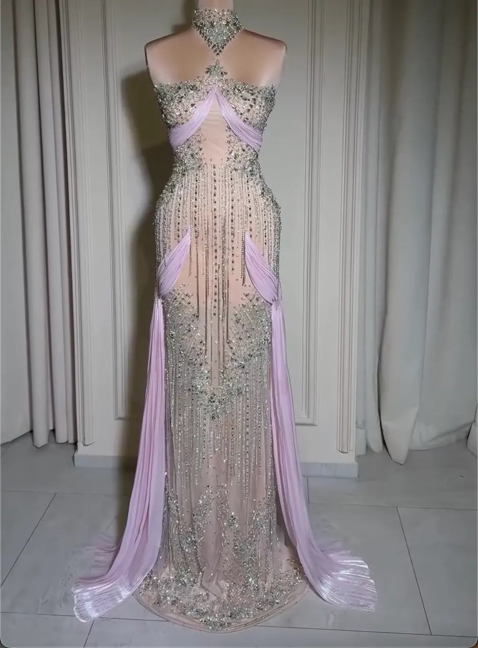 High Neck Rhinestone Choker Sheer Mermaid Evening Gown, Lavender Pleated Drape Panel Beaded Vertical Stripe Formal Dress