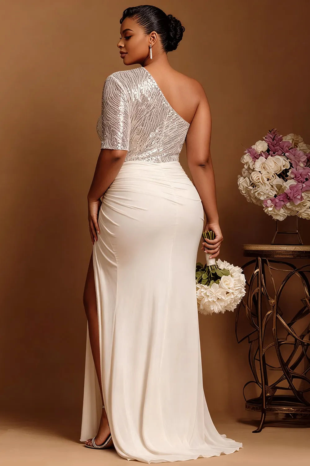 Wedding Ivory One Shoulder Split Drilling Satin Maxi Dresses