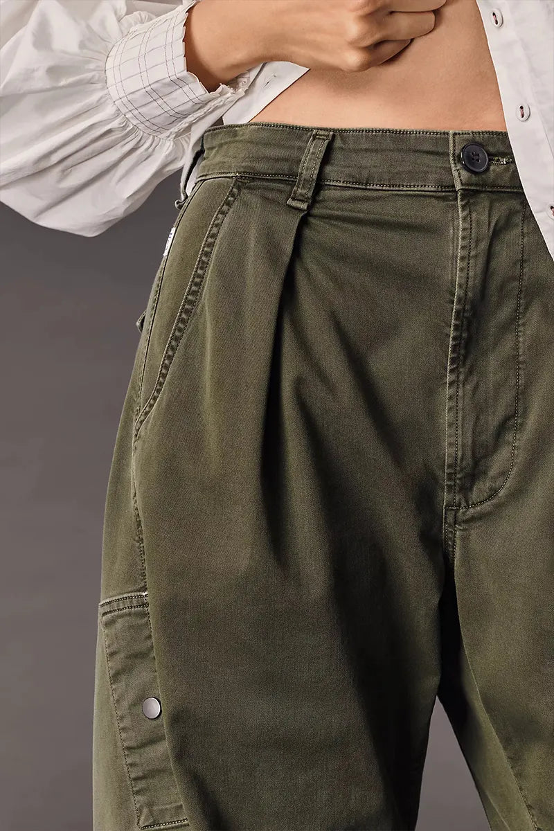 Women High Waist Pleated Front Side Flap Cargo Pocket Straight Leg Washed Olive Green Utility Pants