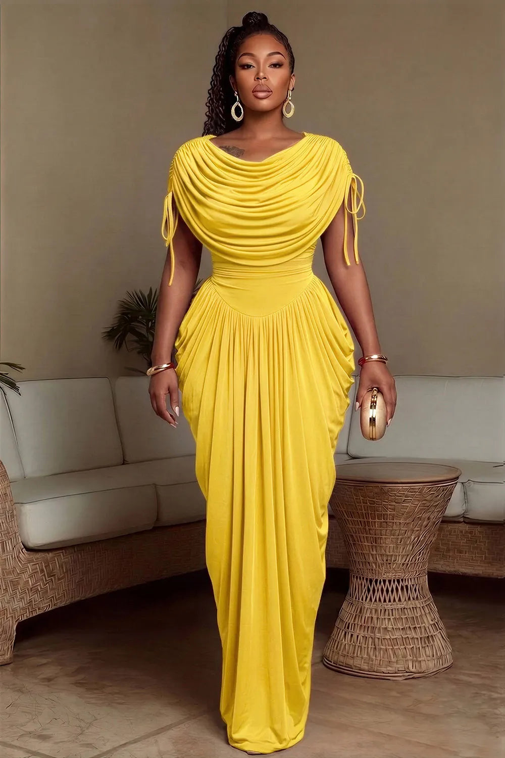 Draped Cowl Neck Side Drawstring Ruched Gowns Maxi Dresses-Yellow [Pre Order]