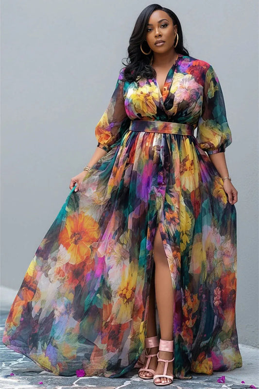 Vacation Multicolor Floral V Neck Puff Sleeve Half Sleeve Split Chiffon Maxi Dresses