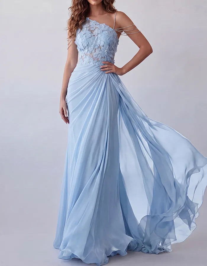 Sky Blue 3D Floral Lace Asymmetric Crystal Strap Draped Chiffon Maxi Dress