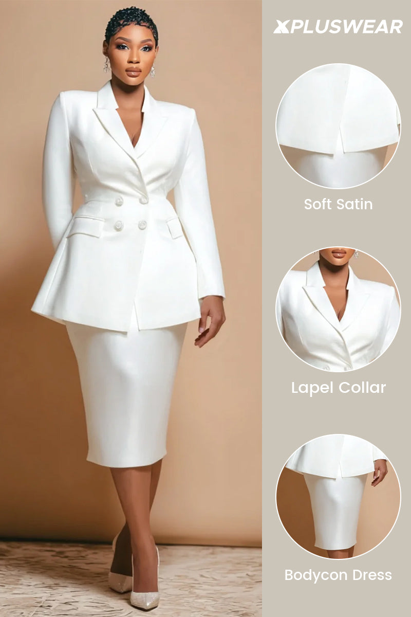 Business Casual Satin White Lapel Collar Long Sleeve Bodycon Two Piece Skirt Sets