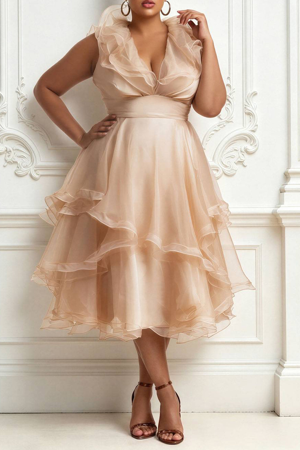 Wedding Guest Champagne V Neck Ruffle Tulle Midi Dresses