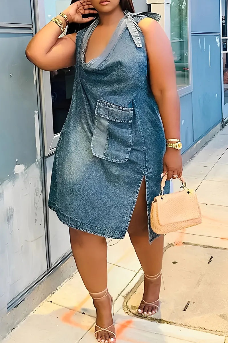 Women Tie Halter Cowl Neck Big Pocket Side Slit Washed Denim Mini Dress