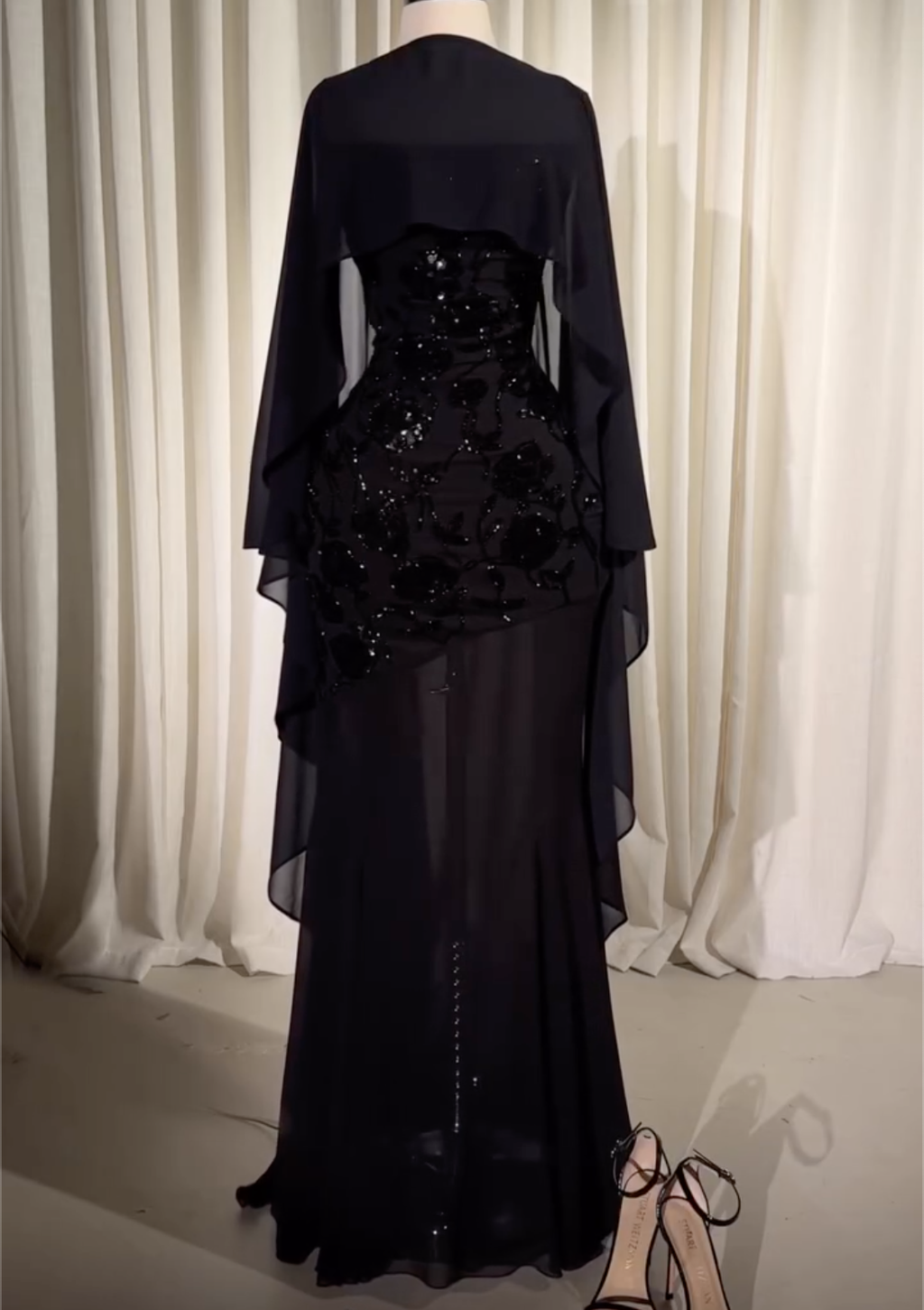 Black Floral Sequin Strapless Mermaid Maxi Dress with Capelet - Formal Evening Gown