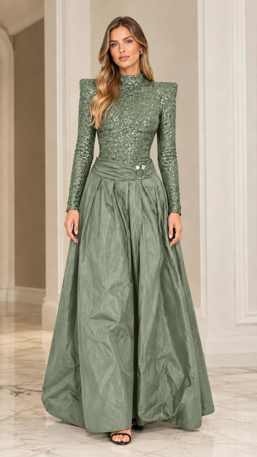 Sequined Mock Neck Open Back Maxi Ball Gown with Structured Shoulders