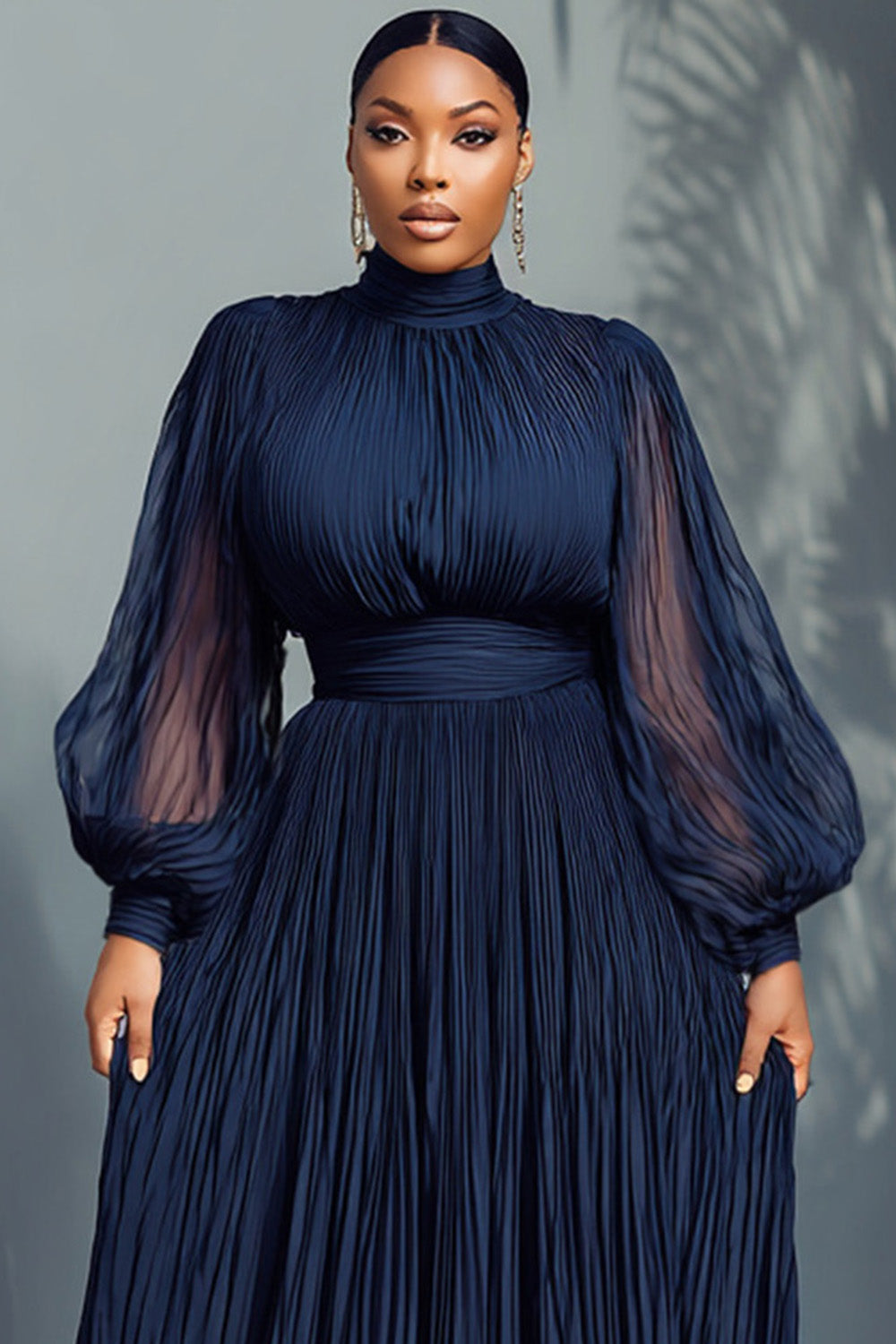 Churchs Navy Blue Mock Neck Lantern Sleeve Long Sleeve See Through Elegant Ruffled Midi Dresses