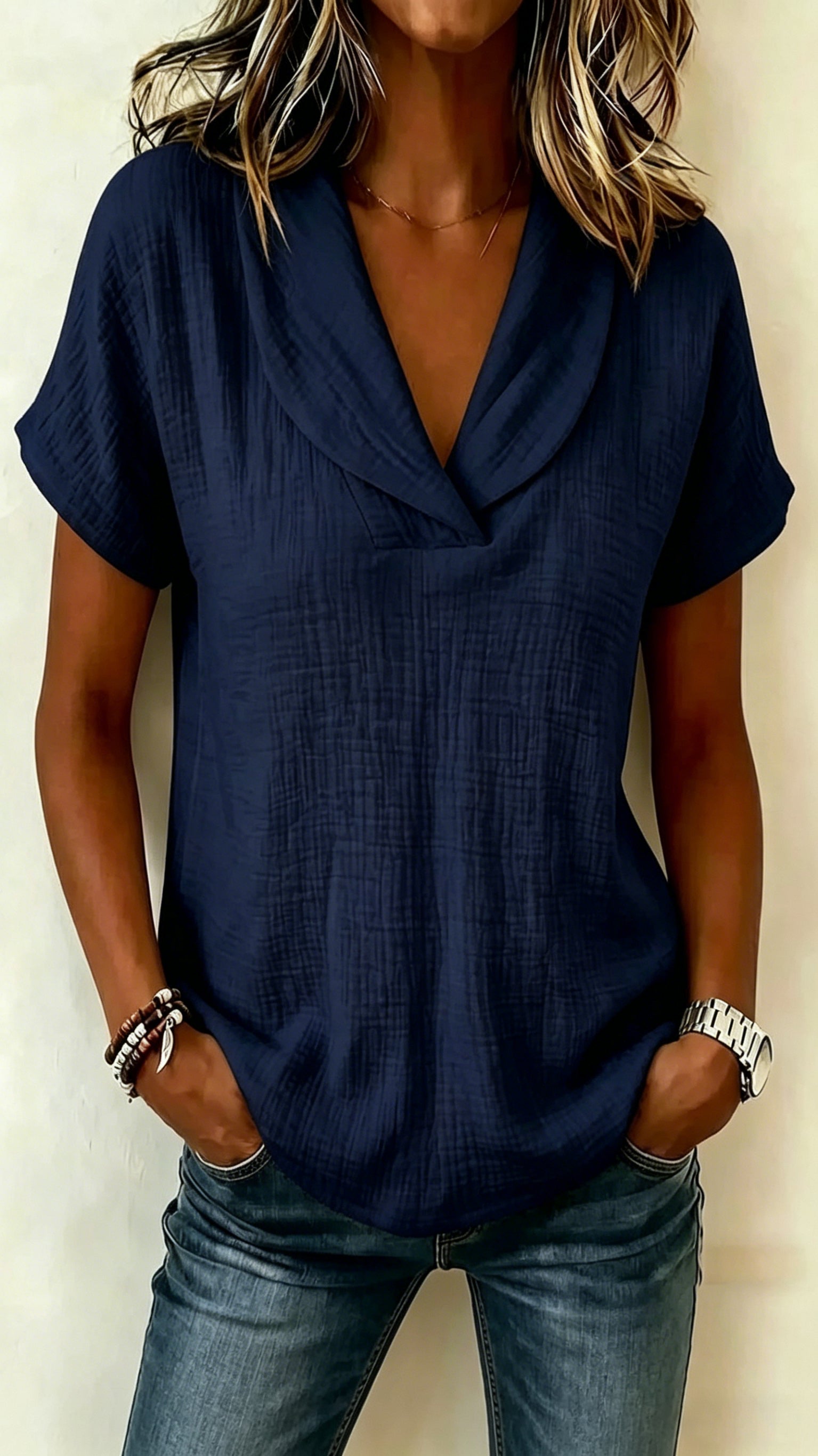 Women's Short-Sleeve Crepe V-Neck Casual Fashion T-Shirt