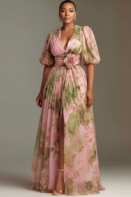 Wedding Guest Peach Floral V Neck Puff Sleeve Short Sleeve 3D Split Chiffon Maxi Dresses