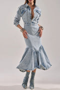 Women's Light Wash Denim Shirt Style Mermaid Hem Maxi Dress