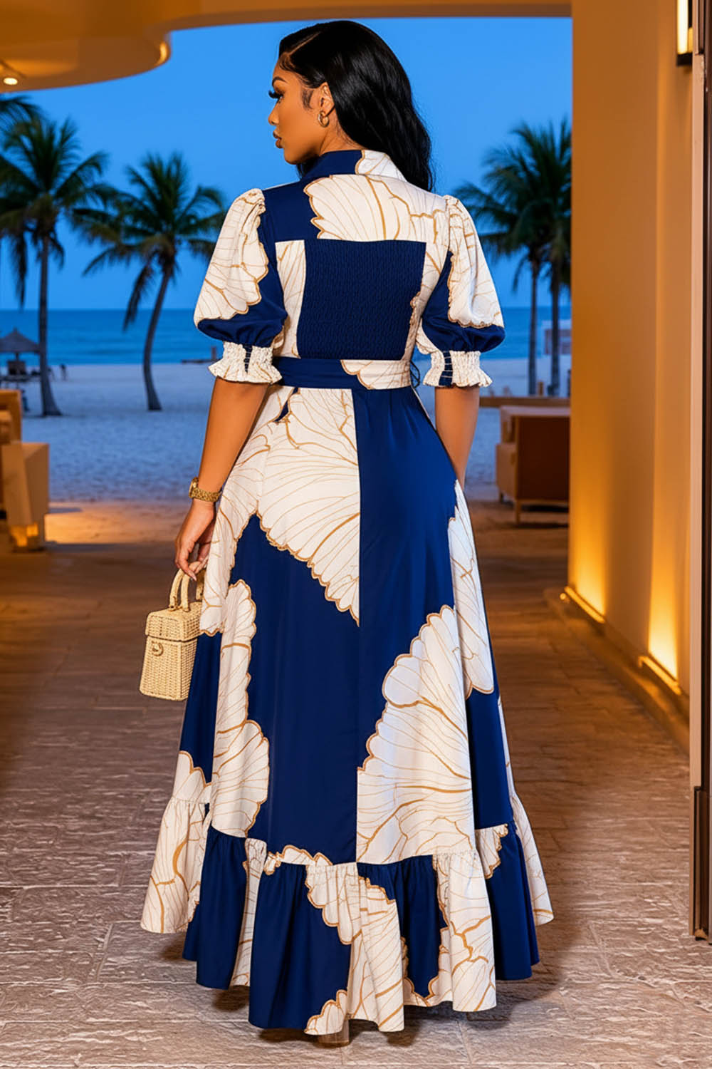 Turndown Collar Puff Sleeve Floral A-Line Casual Maxi Dresses-Multicolor