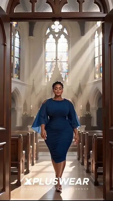 Churchs Elegant Blue Round Neck Cold Shoulder 3/4 Sleeve Fold Bodycon Midi Dresses [Pre-Order]