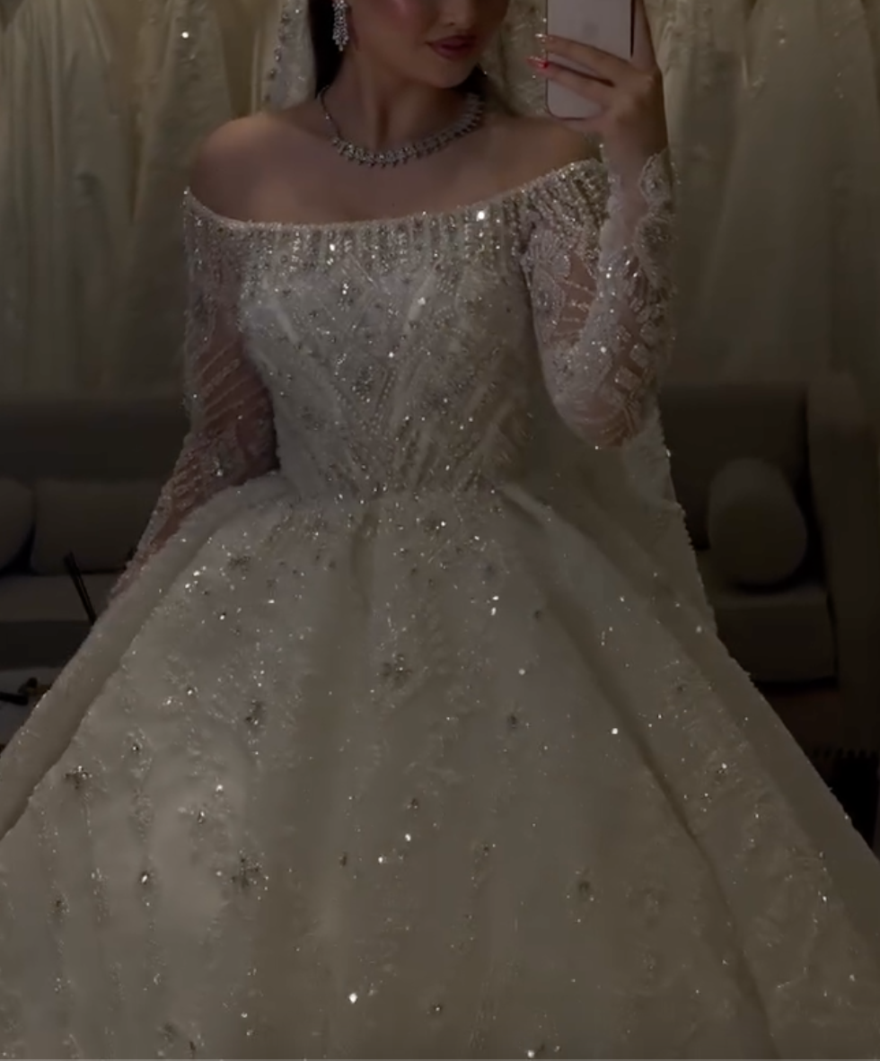 White Rhinestone Off-Shoulder Long Sleeve Ball Gown Wedding Dress