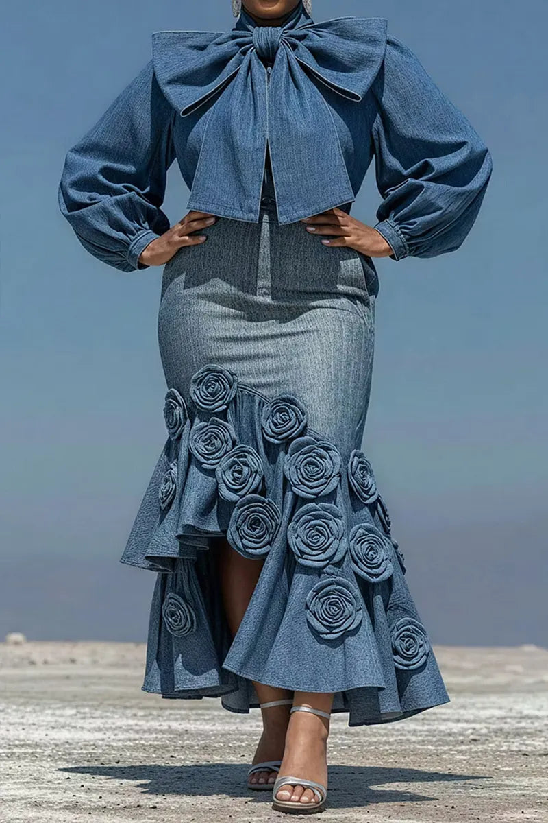 Women's Casual High Neck Oversized Bow Puff Long Sleeve Cropped Denim Blouse Or High Waist 3D Rose Floral Applique Side Slit Ruffle Mermaid Denim Skirt