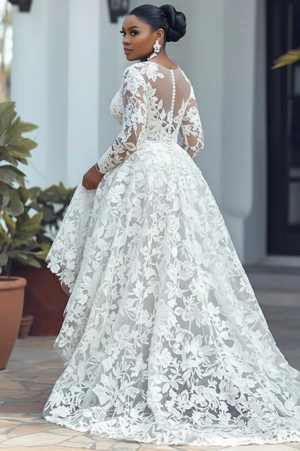 Wedding White Round Neck Long Sleeve See Through High Low Hem Guipure Lace Midi Dresses
