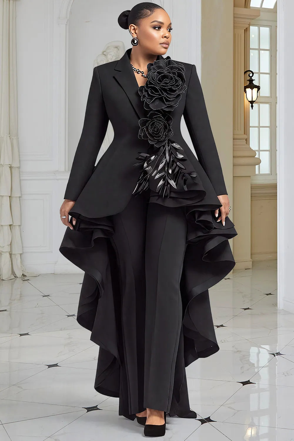 Wedding Guest Black Lapel Collar Long Sleeve Asymmetric Hem Elegant 3D Two Piece Pant Suits
