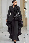 Wedding Guest Black Lapel Collar Long Sleeve Asymmetric Hem Elegant 3D Two Piece Pant Suits