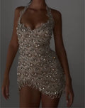 Champagne Halter Neck Crystal Beaded Dress - Mini & Maxi Evening Gown