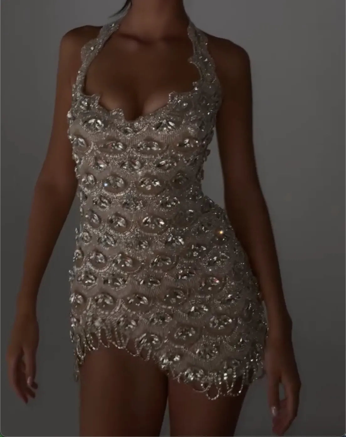 Champagne Halter Neck Crystal Beaded Dress - Mini & Maxi Evening Gown