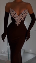 Opulent Black Strapless Velvet Mermaid Maxi Dress with Crystal Leaf Embellishments