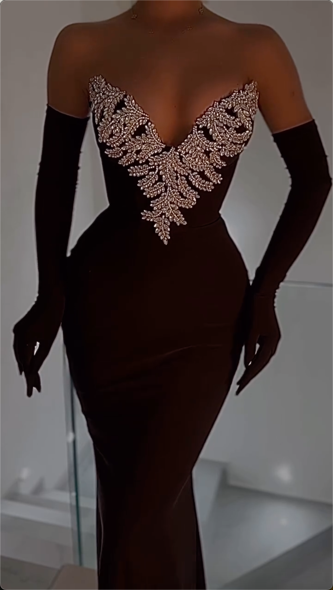 Opulent Black Strapless Velvet Mermaid Maxi Dress with Crystal Leaf Embellishments