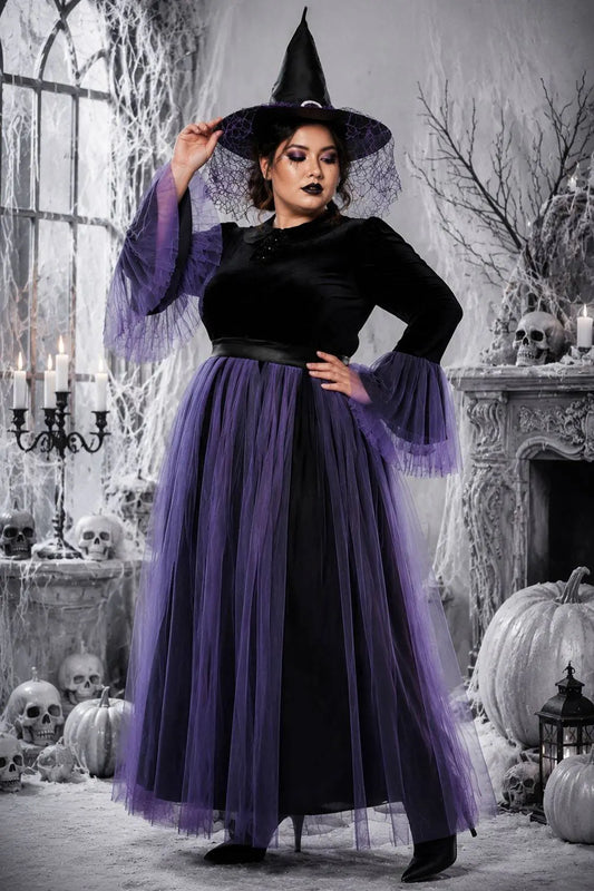 Halloween Costume Purple Cosplay Witches Overlay Mesh Maxi Dress (Without Hat And Cane)(Ships 24h)