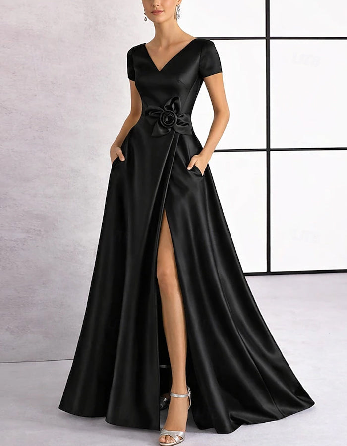 Solid Color Satin 3D Floral Embellishment V-Neck With Slit Maxi Dress