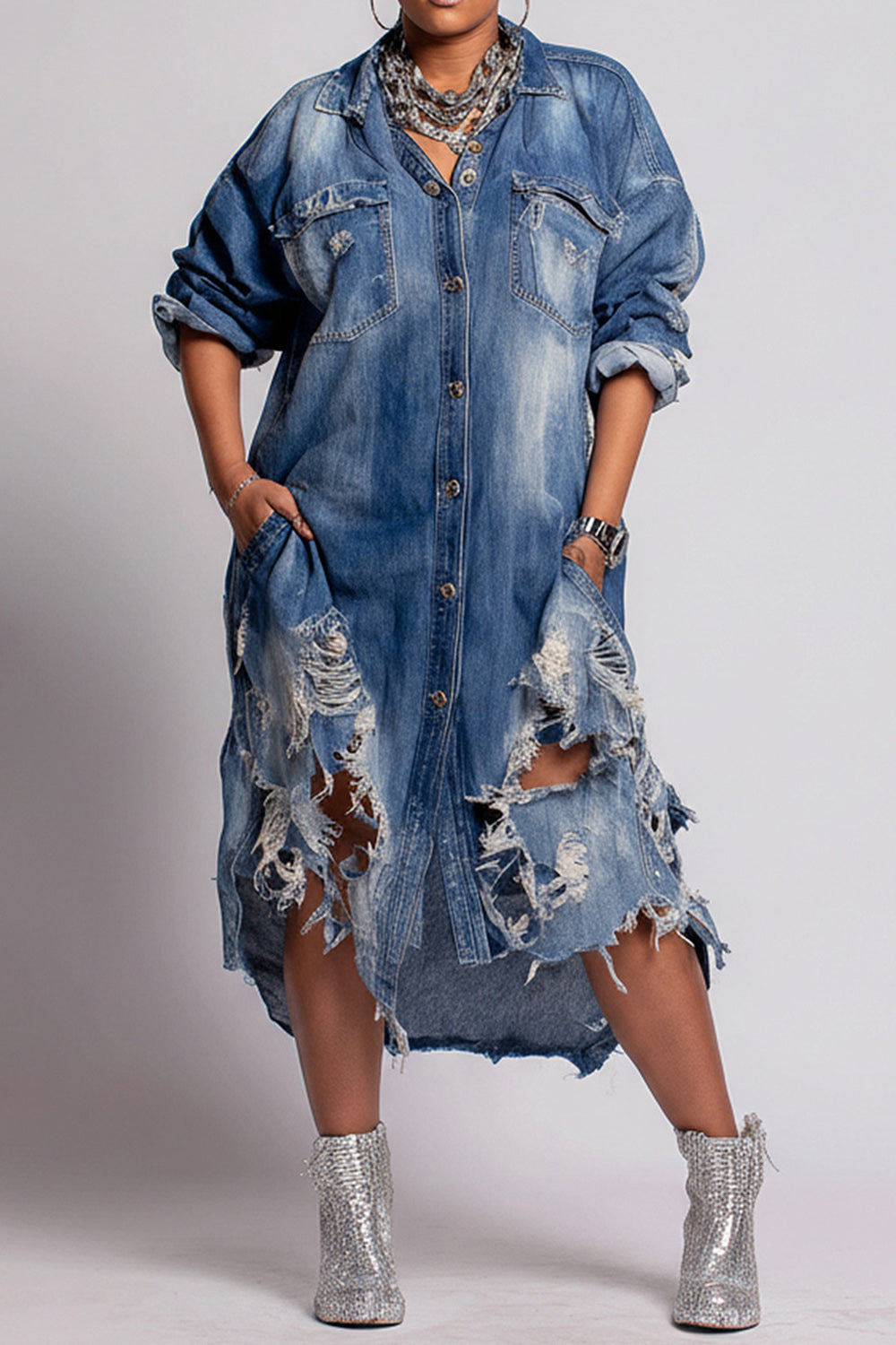 Xpluswear Design Plus Size Daily Blue Shirt Collar Long Sleeve Ripped Pocket Denim Shirt Dresses