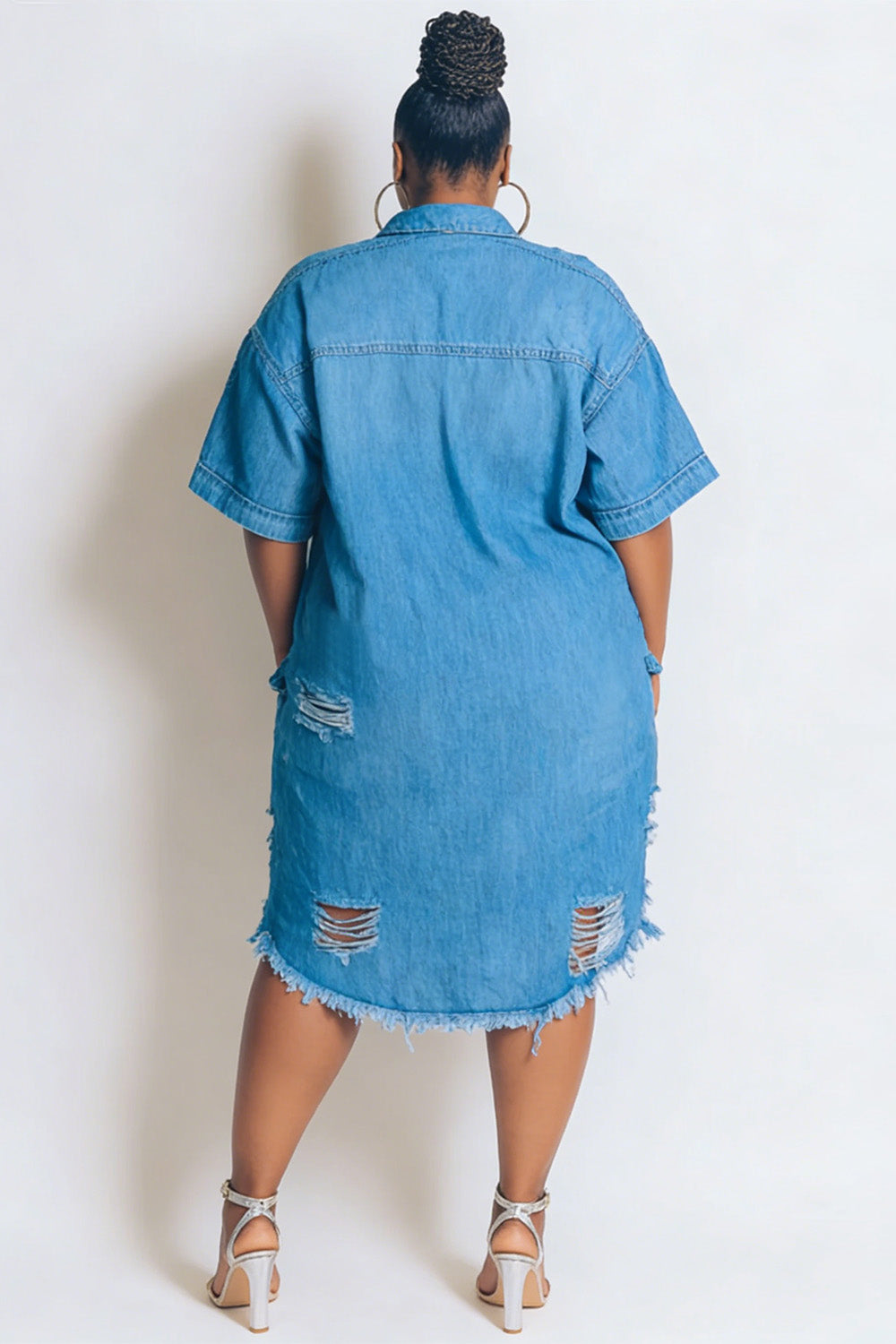 Xpluswear Design Plus Size Daily Blue Shirt Collar Short Sleeve Distressed Pocket Denim Mini Dresses