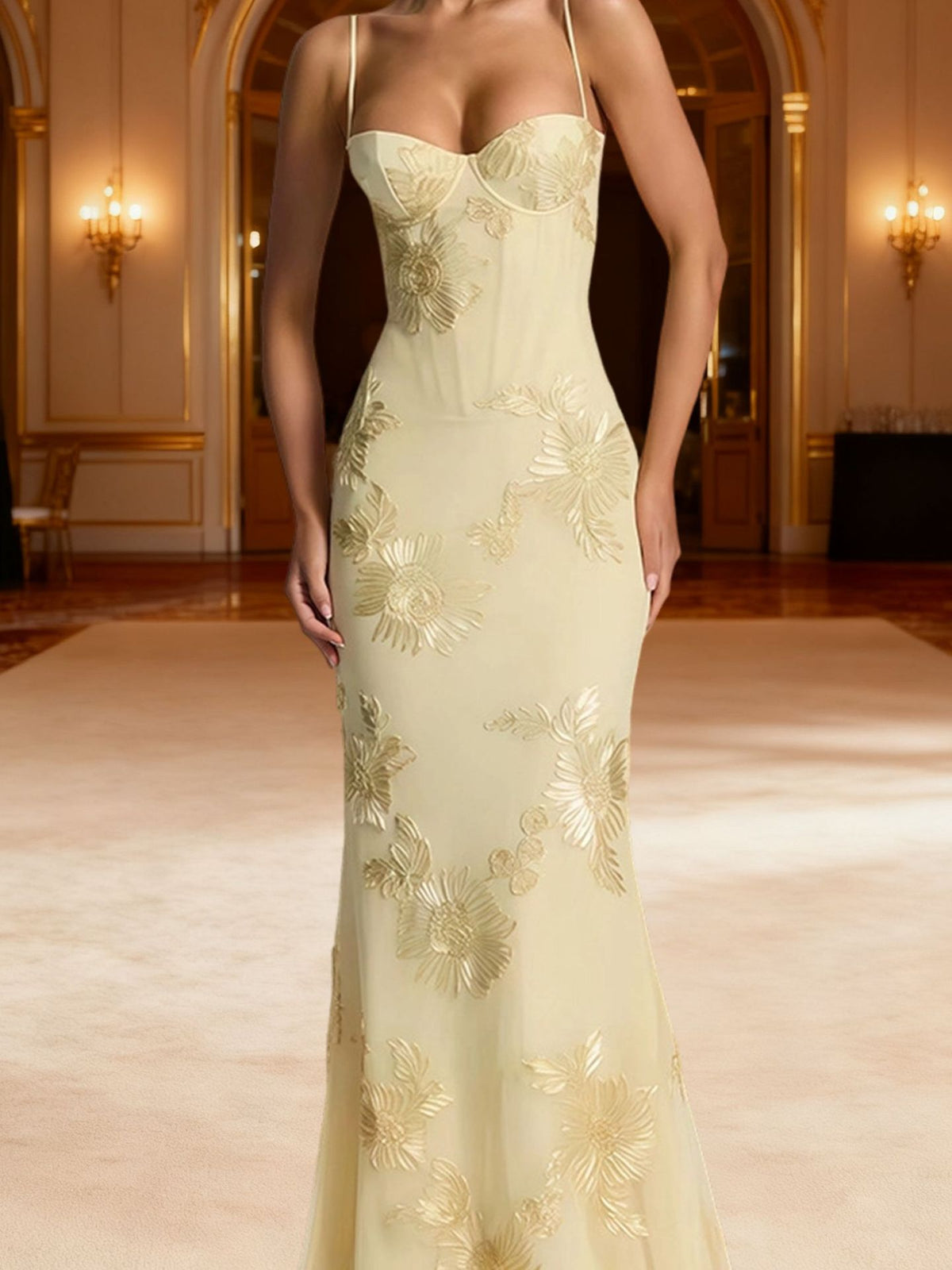 Luminous Golden Floral Embroidered Sweetheart Evening Gown