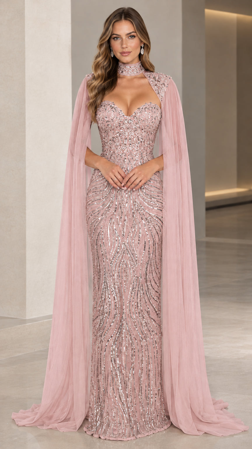 Sequined Sweetheart Evening Gown with Sheer Floor-Length Cape