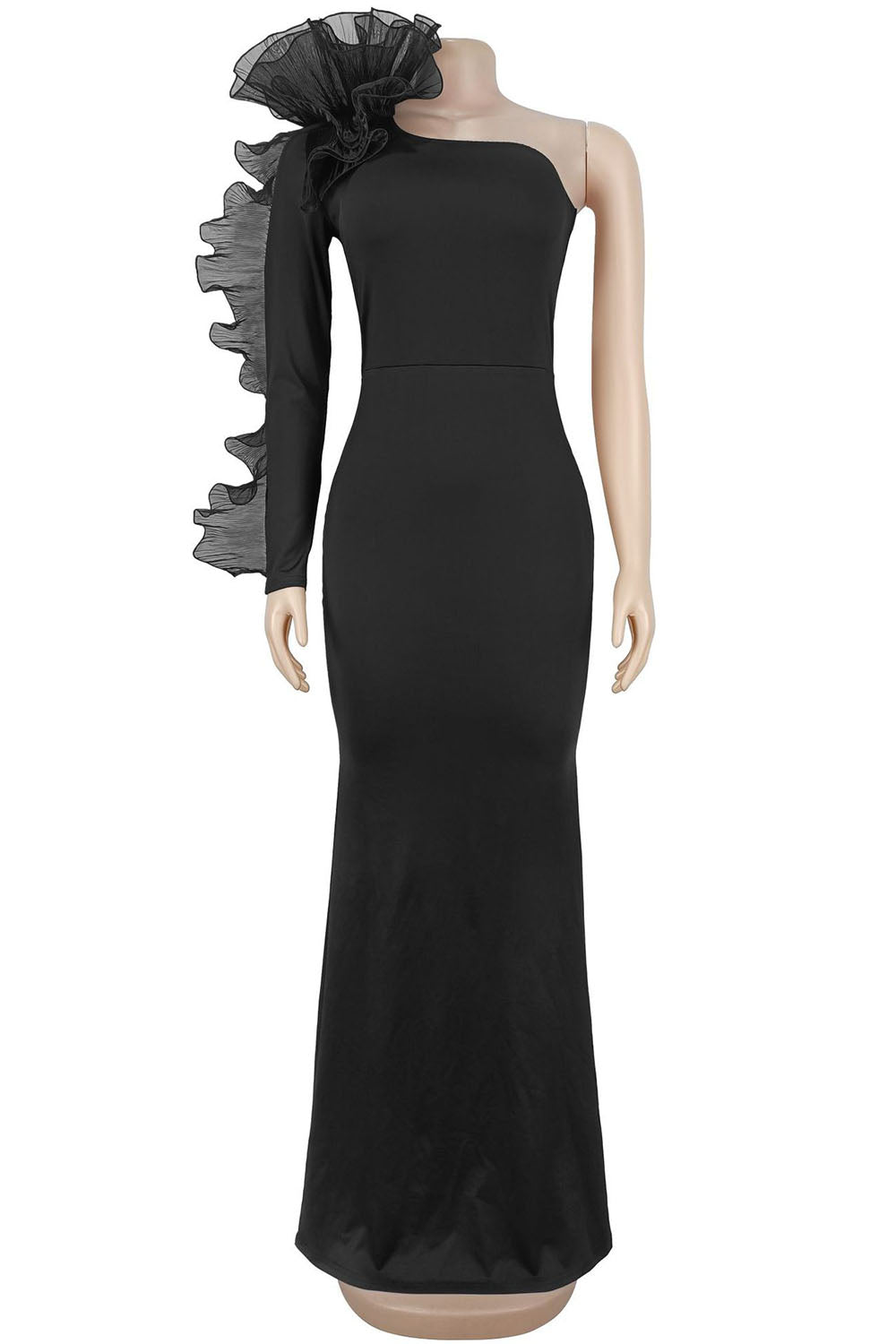 One Shoulder Ruffled Long Sleeve Mermaid Evening Gowns Maxi Dresses-Black
