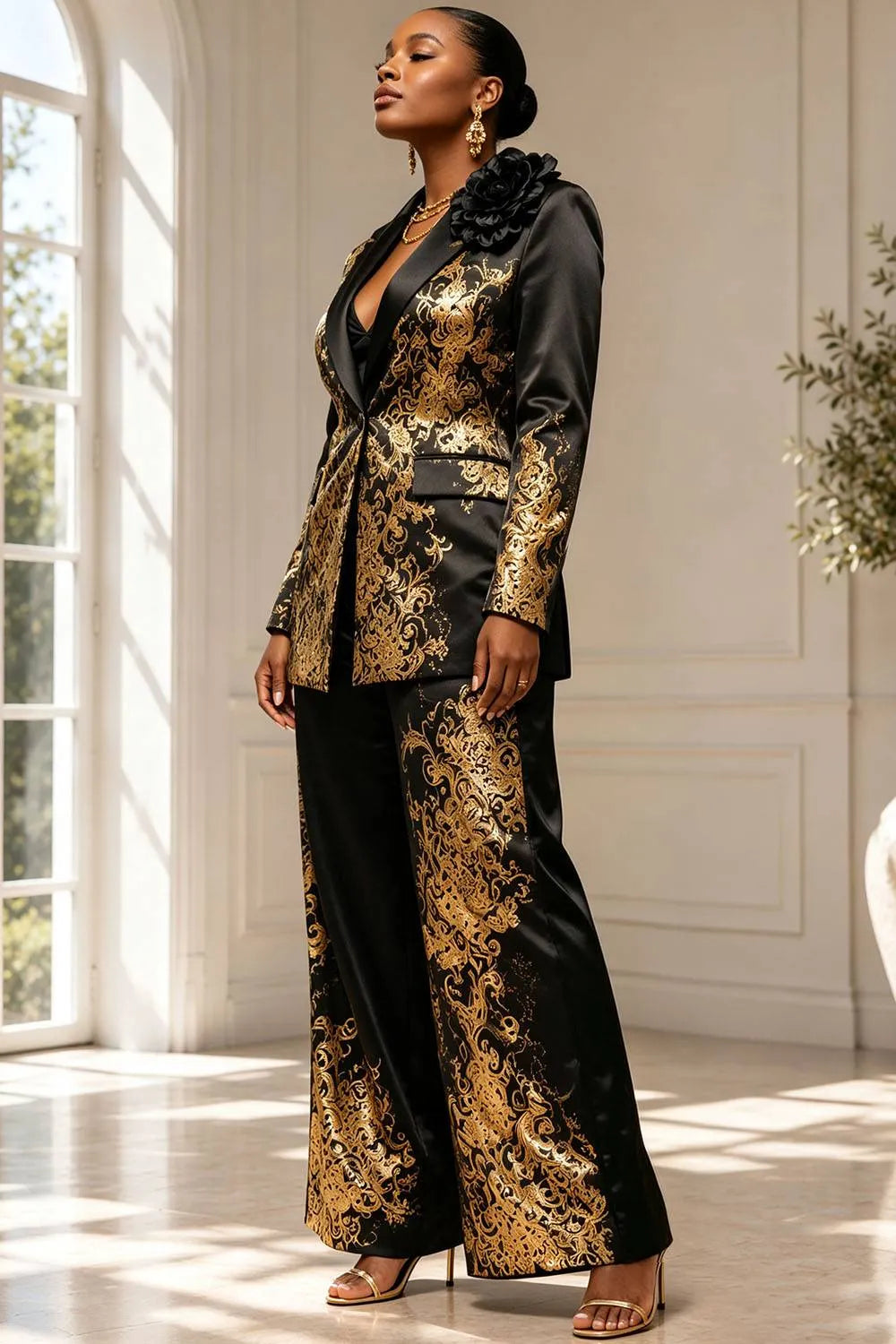 Gold Foil Print Lapel Collar Long Sleeve Pocket Satin Two Piece Pant Suits [Pre-Order]