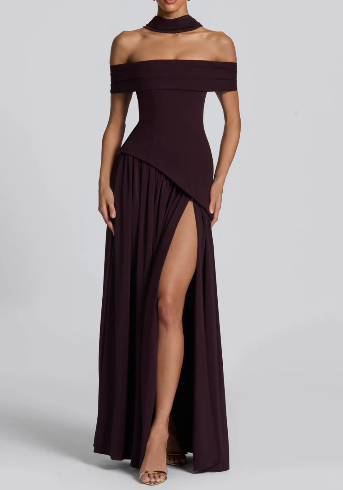 Pink/Red/Black Off-the-Shoulder Halter Neck Maxi Dress - Elegant Formal Evening Gown with Asymmetric Waist