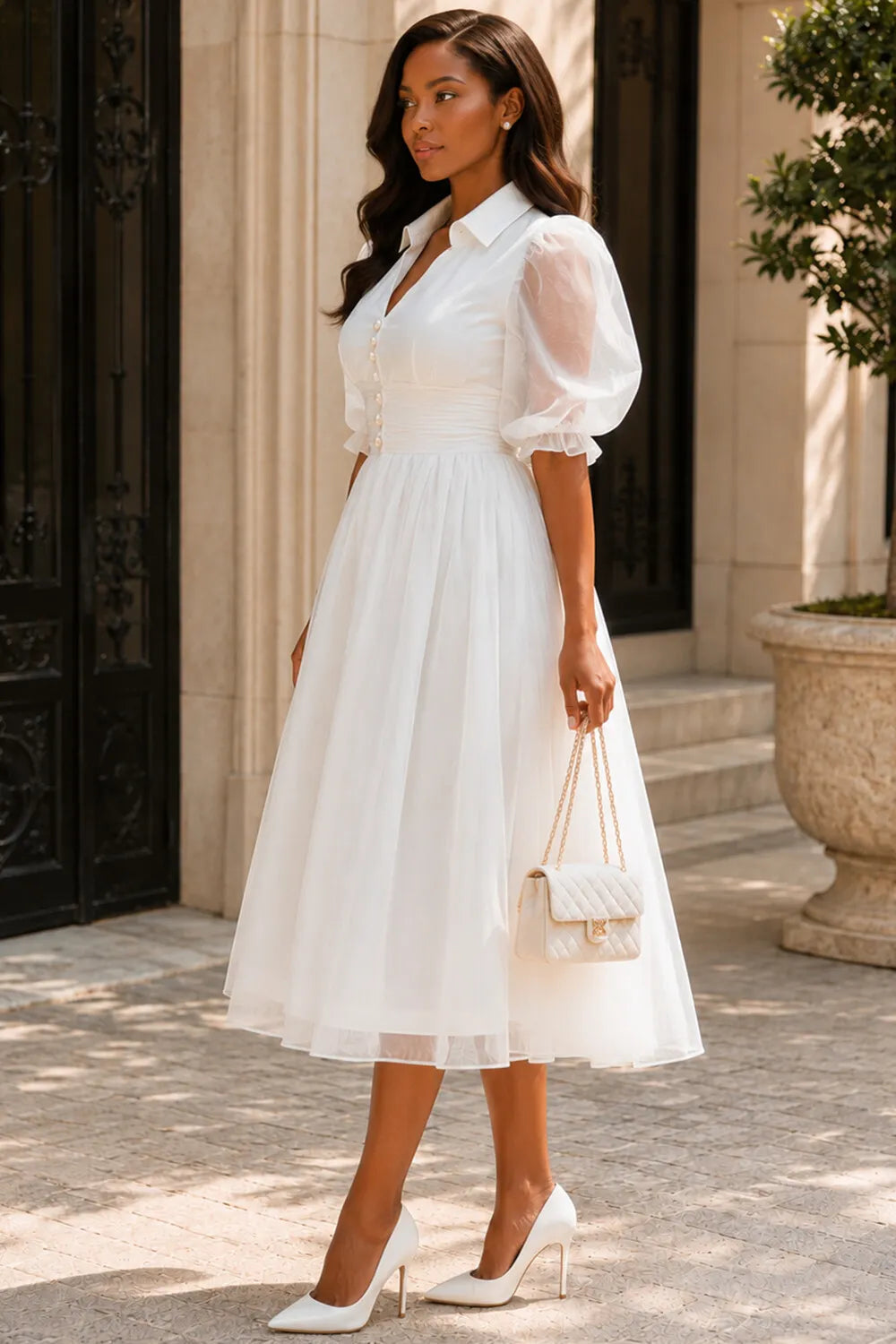 Wedding Guest Elegant White Shirt Collar Puff Sleeve Short Sleeve Pearls Tulle Midi Dresses [Pre-Order]