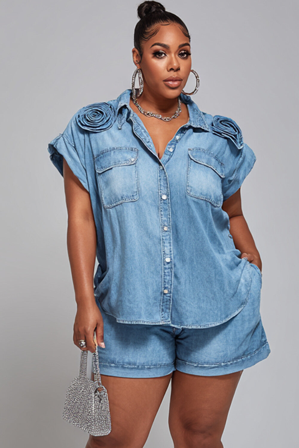 Xpluswear Design Plus Size Party Casual Blue Shirt Collar Short Sleeve 3D Pocket Denim Two Piece Short Sets