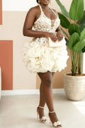Women White Halter Neck 3D Floral Applique Corset Top With Ruffle Organza Bubble Skirt Mini Dress