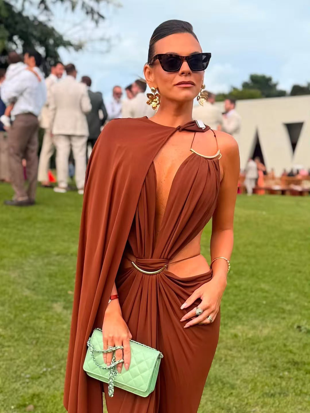 Glamorous Gold Ring Draped Cut-Out Resort Maxi Dress