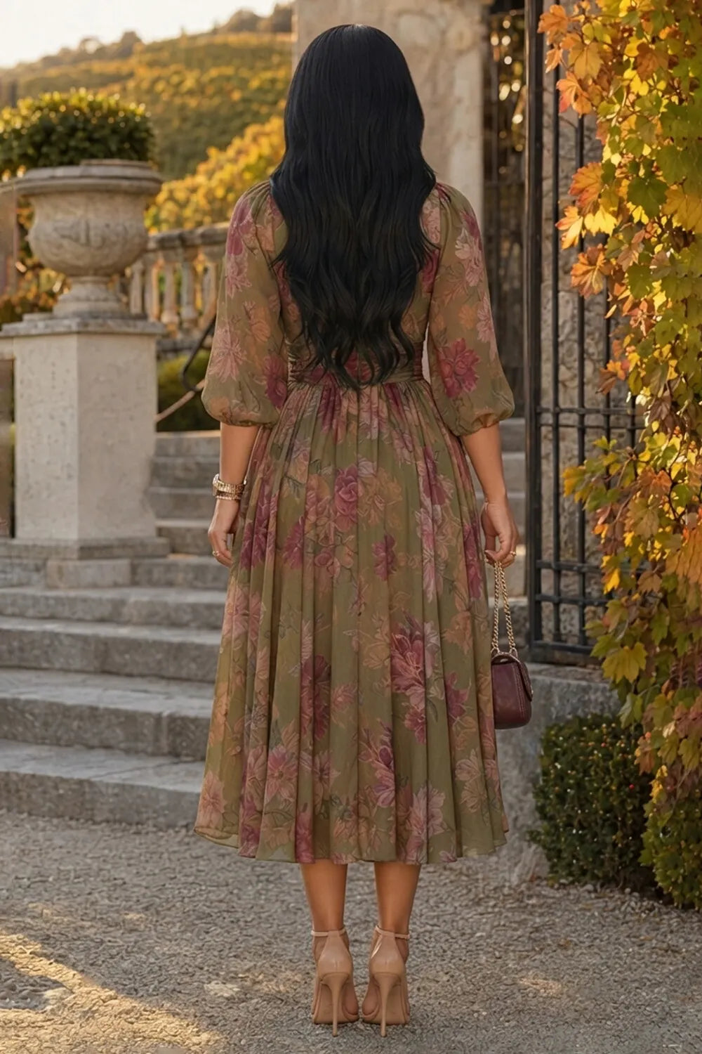 Square Neck 3/4 Sleeve Floral Cinch Waist Midi Dresses-Olive [Pre Order]