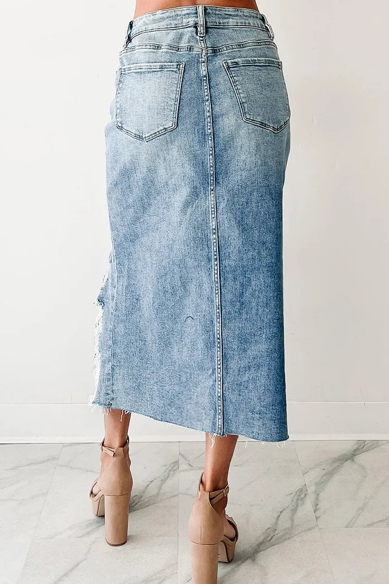 Women's Casual Distressed Denim Skirt With Asymmetrical Hem