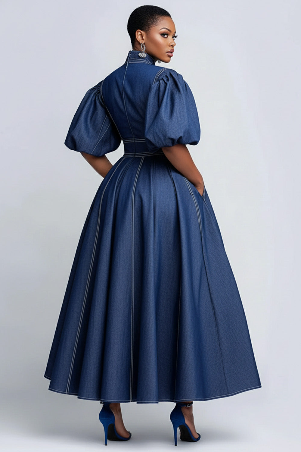 Xpluswear Design Plus Size Business Casual Blue Mock Neck Puff Sleeve Short Sleeve Pocket Elegant Tencel Denim Midi Dresses