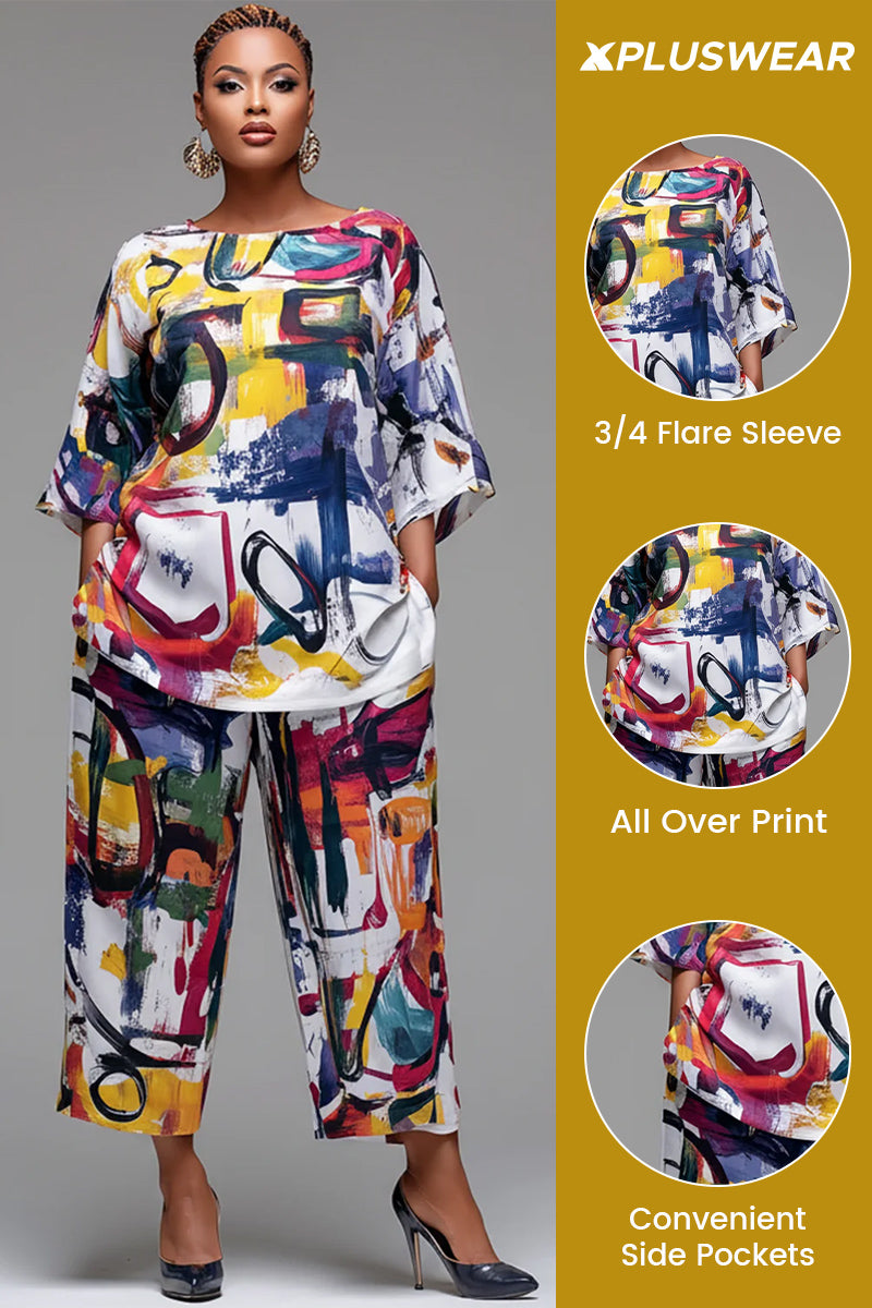 Vacation Multicolor All Over Print Round Neck Flare 3/4 Sleeve Pocket Two Piece Pant Sets