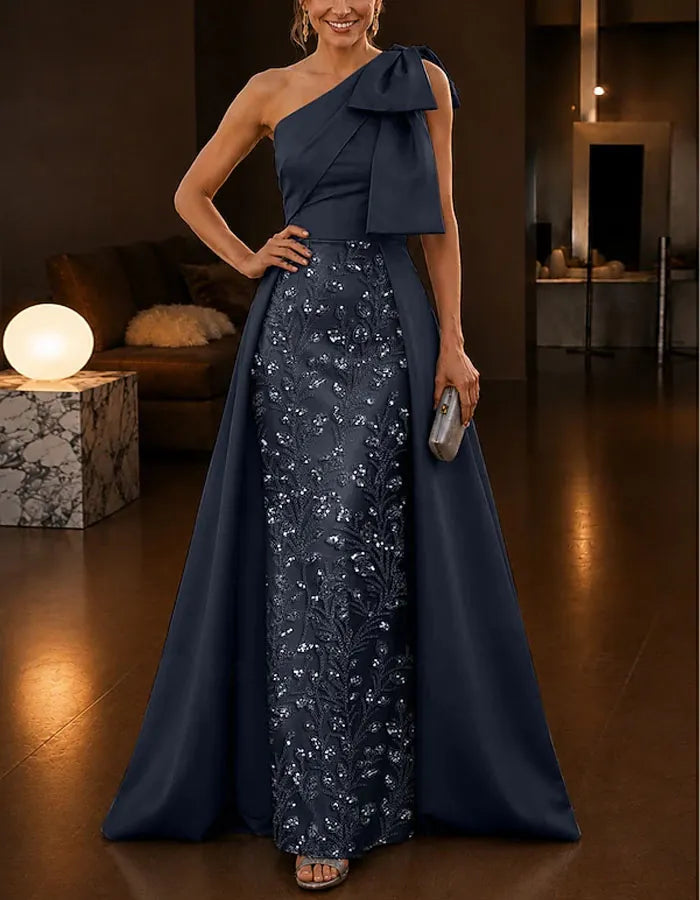 Solid Color Satin Sequined One Shoulder  Maxi Dress
