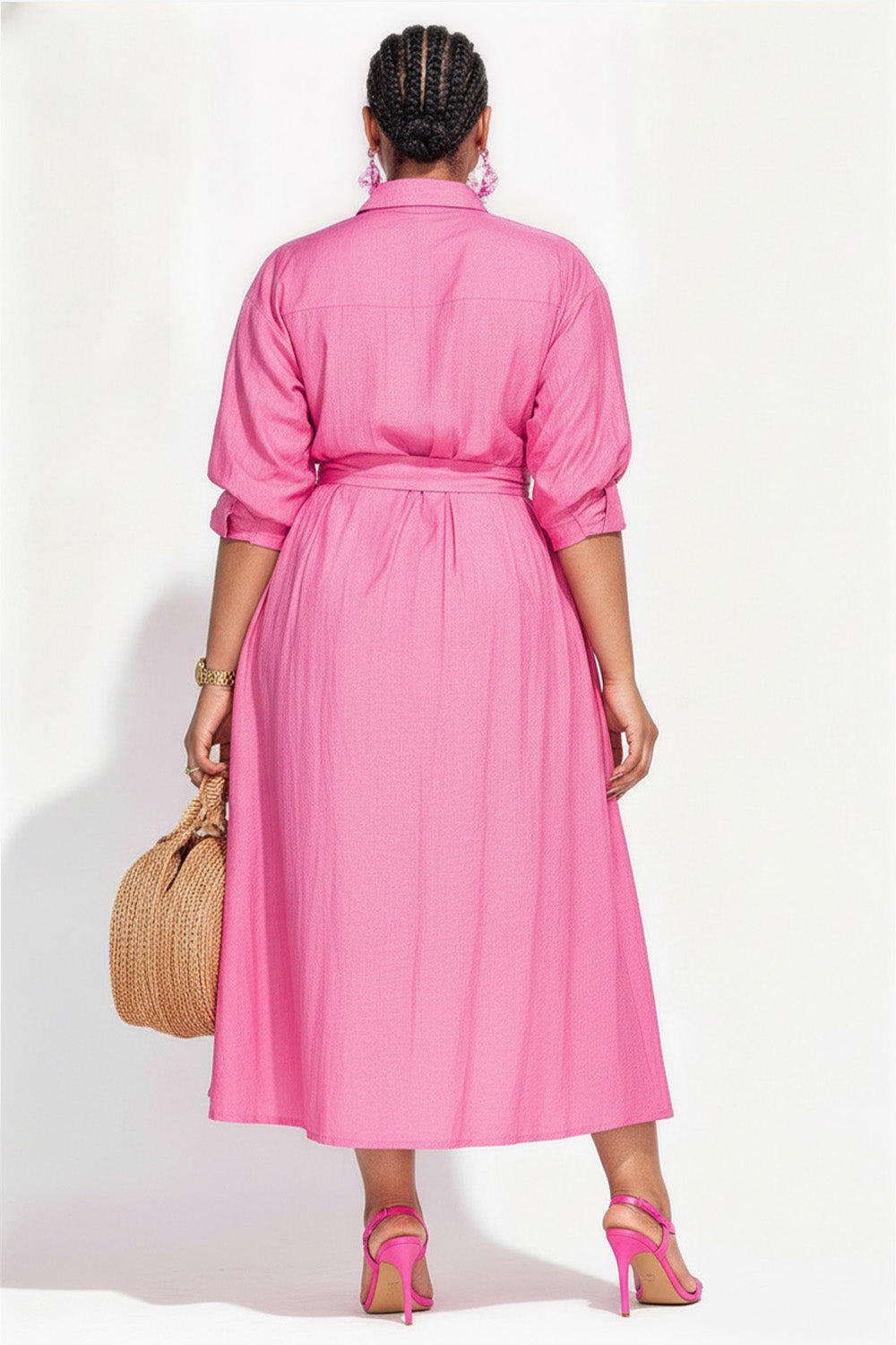 Vacation White Shirt Collar Half Sleeve Pocket Midi Dresses