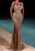 Champagne Nude Strapless Crystal Embellished High-Slit Mermaid Maxi Dress