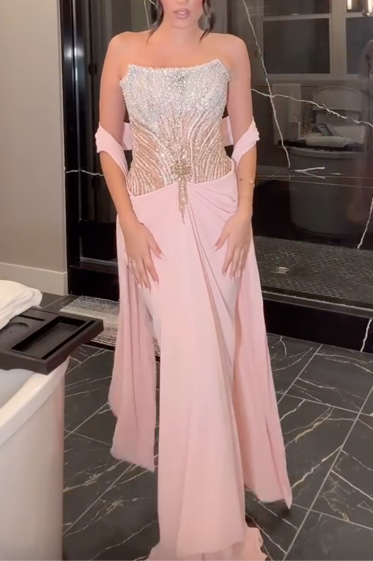 Dreamy Pink Strapless Beaded Maxi Dress