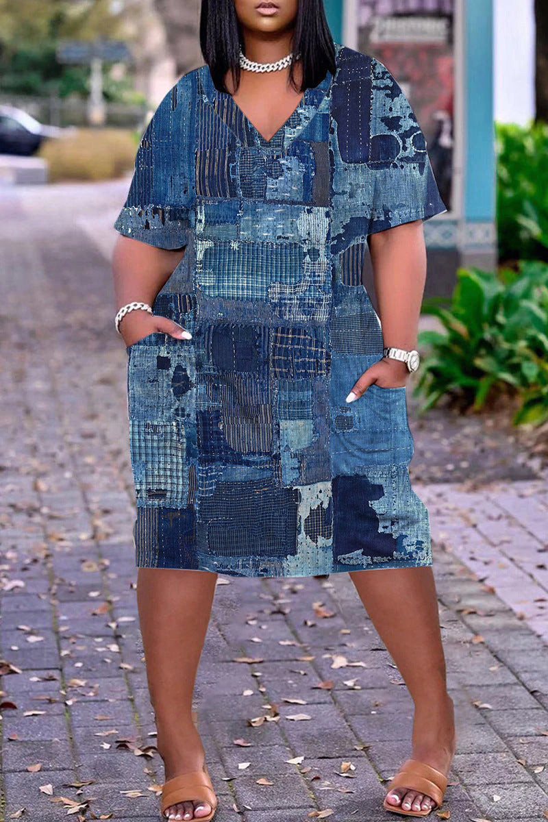 Xpluswear Plus Size Casual V Neck Short Sleeve Print Loose Midi Dress
