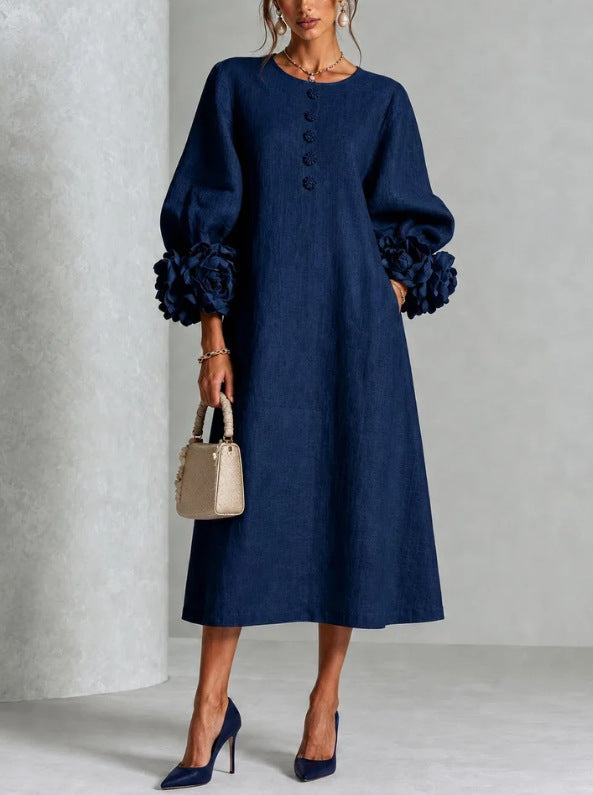 Elegant 3D Floral Cuff Button-Front Midi Dress